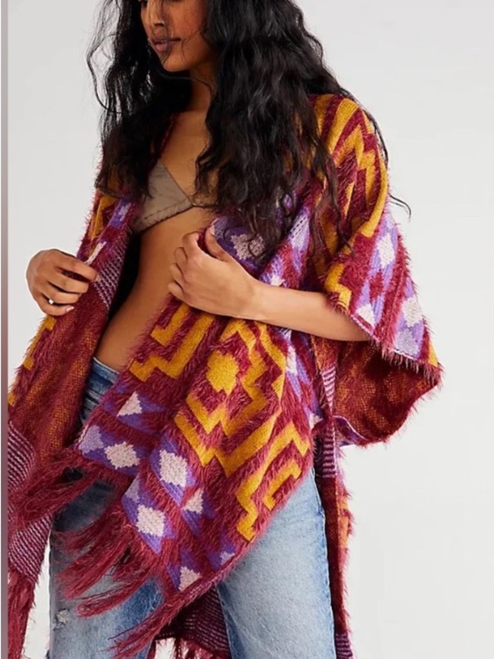 Free People Multicolor Geometric Fringe Poncho - Mustard, Burgundy, Lavender